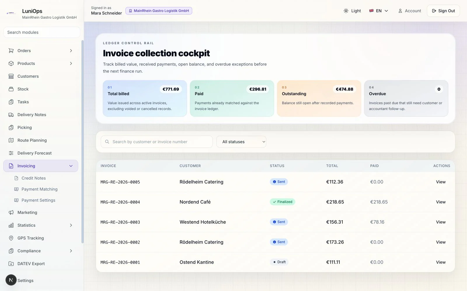 DATEV, e-invoicing, and invoice-ready data in one workflow